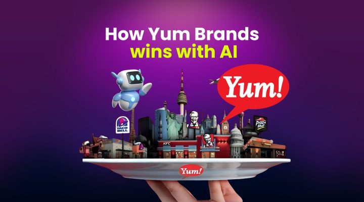 Illustration of Yum Brands using AI, featuring Taco Bell, KFC, and Pizza Hut logos, with a futuristic robot and city skyline, symbolizing AI-driven marketing success.