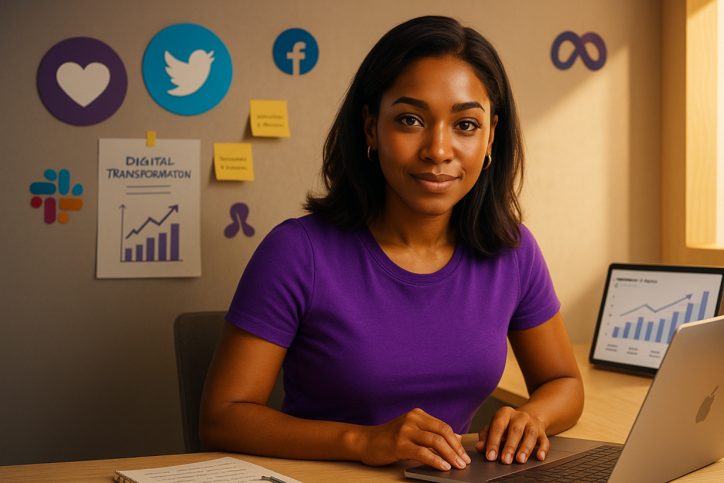 Young Nigerian woman in a purple shirt working on a laptop at a modern desk, surrounded by digital marketing icons and business growth charts.